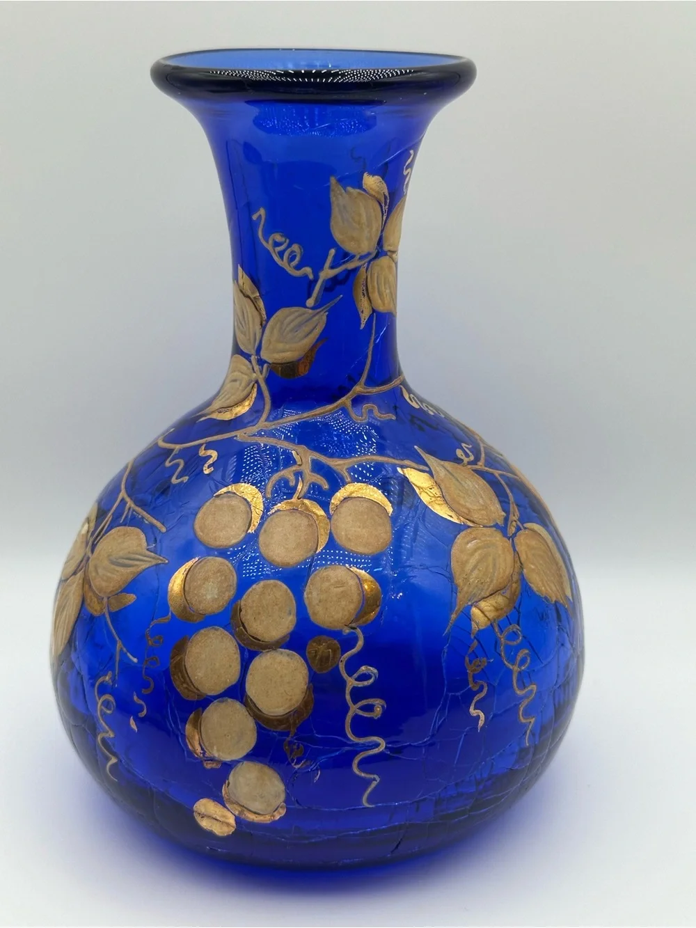Landtree Art Cobalt Blue Glass Vase Hand Painted Gold Grapes Leaves Signed